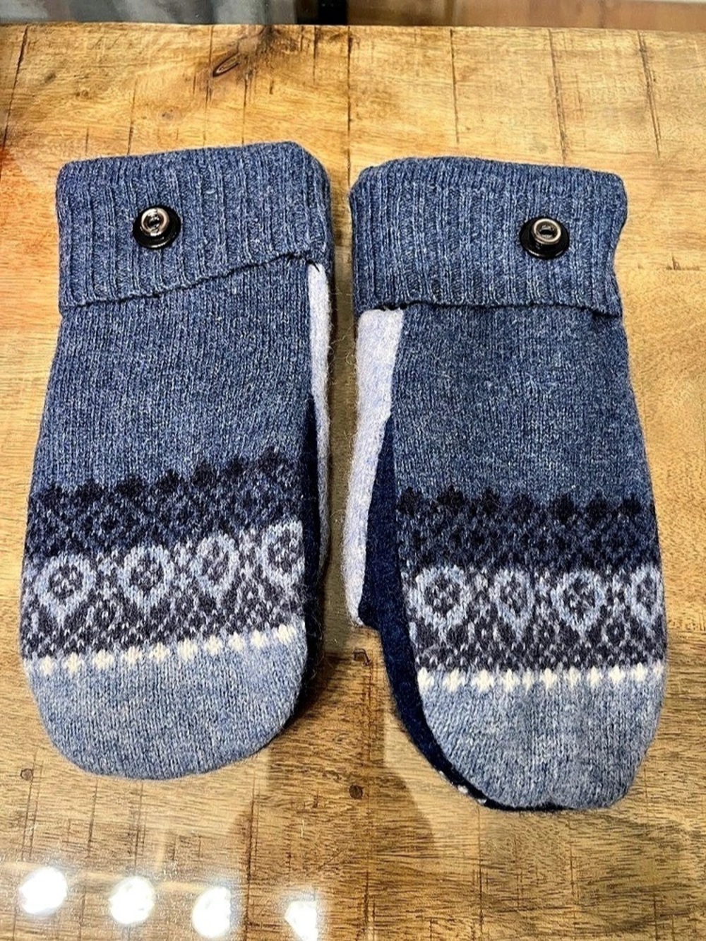 fleece-lined upcycled wool sweater mittens Snowflake Mittens in Blue & White NWO
